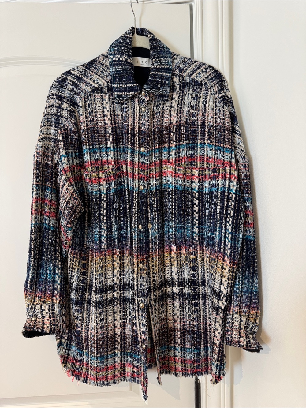 IRO Multicolor Tweed Button-Down Shirt Jacket - Navy, Blue, Pink, Cream